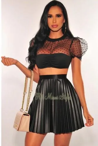 Buy Black Faux Leather Pleated High Waist Skirt Two Piece Set