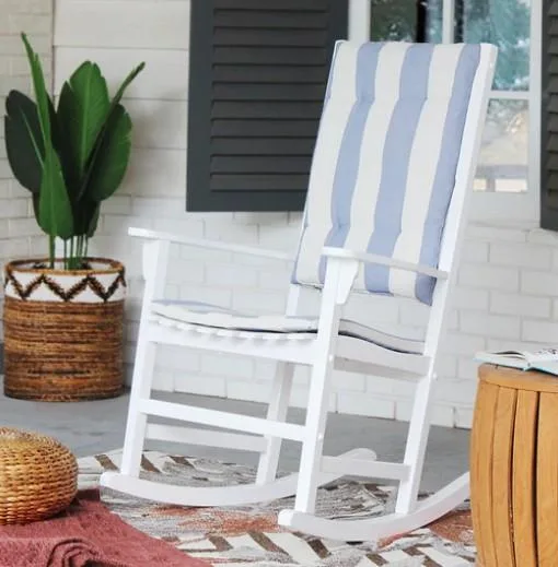Buy Wood White Porch Rocking Chair With Blue Stripe Cushion