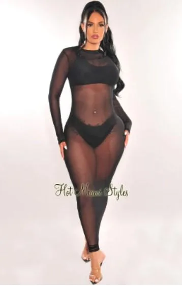 Buy Black Sheer Long Sleeve Cover Up Dress &ndash Hot Miami Styl