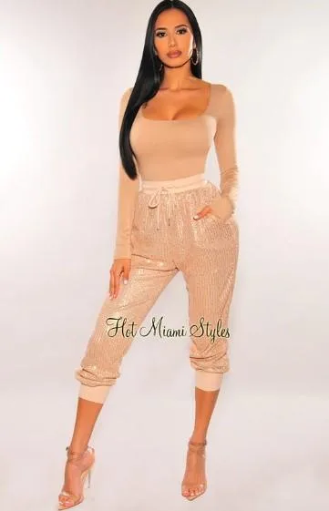 Best Women Rose Gold Sequins Jogger Pants - Hot Miami Styles