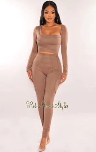 Shop Taupe Long Sleeve Pants Two Piece Set &ndash Hot Miami Styl