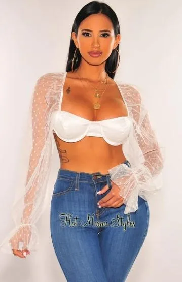Shop White Polka Dot Underwire Long Sleeve Crop Top For Women