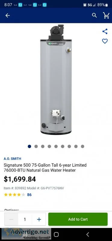 Gas water heater 75 GALLON