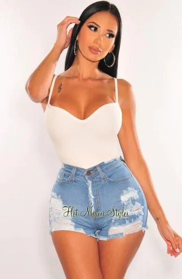 Shop Light Denim High Waist Hem Shorts &ndash Hot Miami Styles