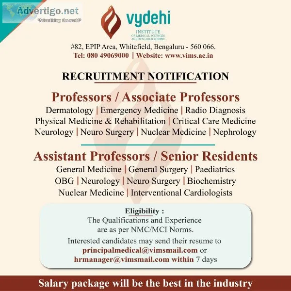 Apply for Professor Associate Professor Senior Resident  VIMSand