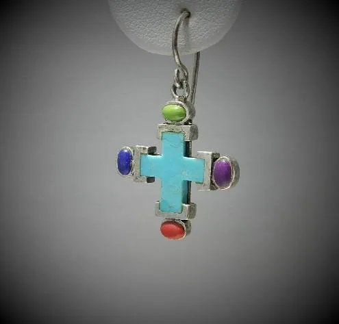 Sterling Silver Cross Earrings with Genuine Turquoise Lapis Cora