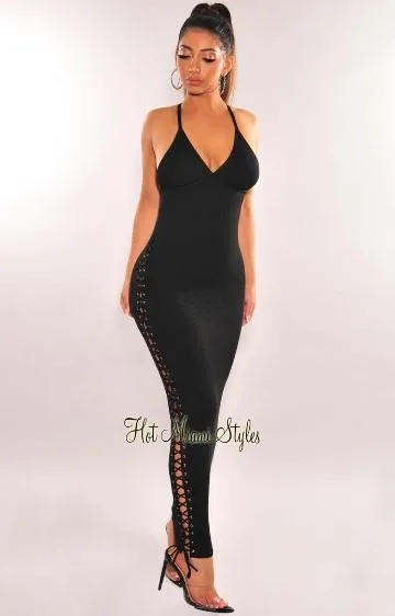 Buy Black Ribbed Lace Up Side Maxi Dress &ndash Hot Miami Styles