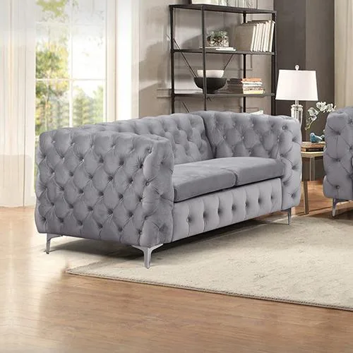 2 Seater Sofa Classic Button Tufted Lounge in Grey Velvet Fabric