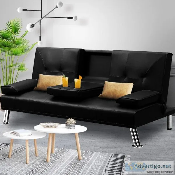 Adjustable Sofa Bed Lounge Futon Couch Leather Beds 3 Seater Cup