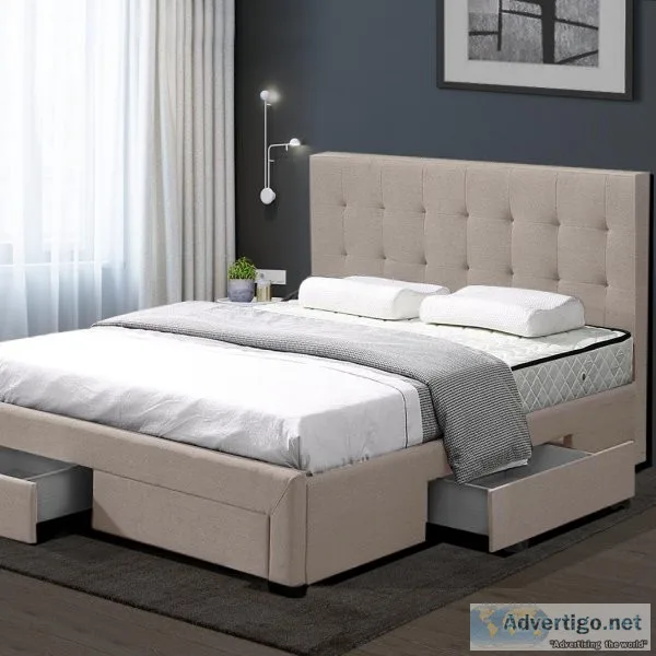 Levede Bed Frame Queen Fabric With Drawers Storage Wooden Mattre