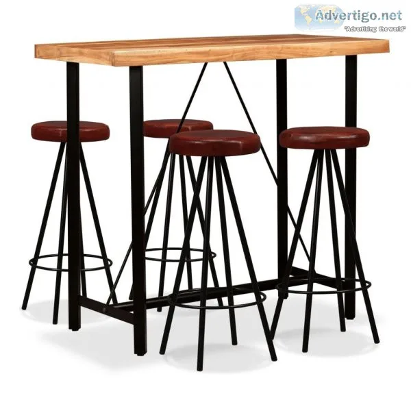 5 Piece Bar Set Solid Acacia Wood and Genuine Leather