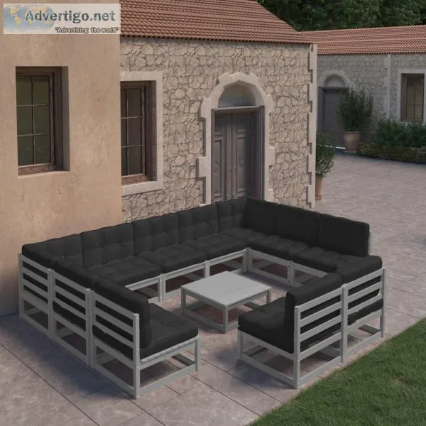 10 Piece Garden Lounge Set with Cushions Grey Solid Pinewood