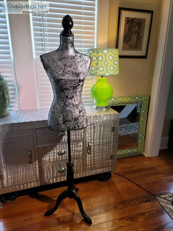 Female Silver and black Mannequin Torso Dress Form on solid wood
