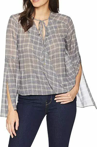 Kenneth Cole Womens Wrapped Front Flouncy Sleeve Top Windowpane 