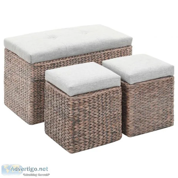 Bench With 2 Ottomans Seagrass Grey
