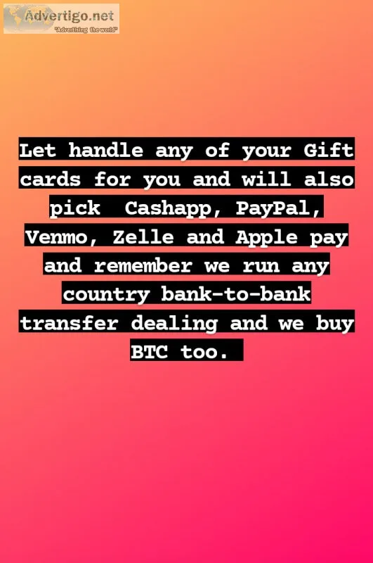 LET US HANDLE ANY KINDS OF YOUR BTC TRANSACTION AND GIFT CARDS F