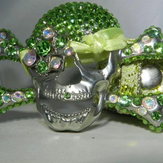 Green Peridot colored Swarovski Crystal Pirate Skull Belt and bu
