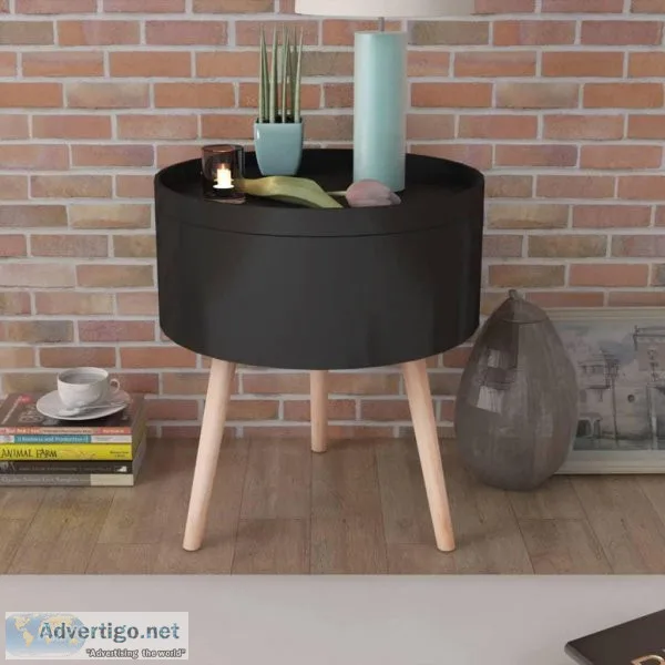 Side Table With Serving Tray Round  Black