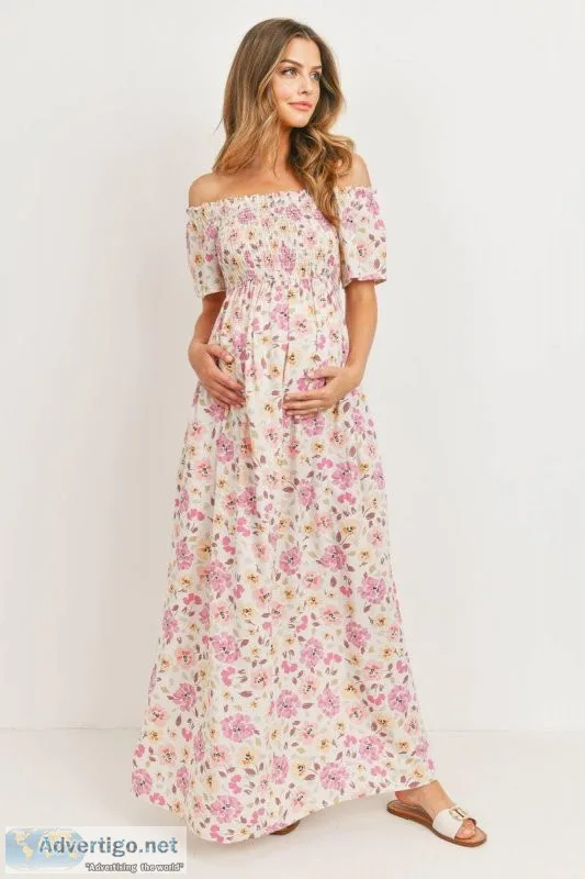 Floral Off-Shoulder Smocked Maxi Maternity Dress - Zimmi Materni