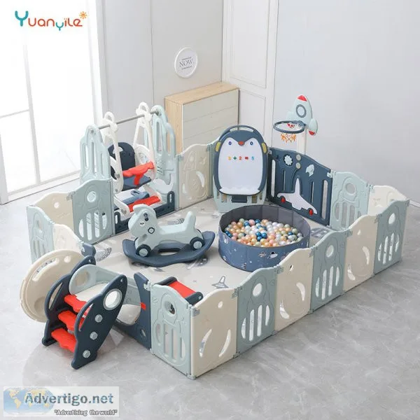 Playpen, slide, drawing board, toys and books storage shelf manu