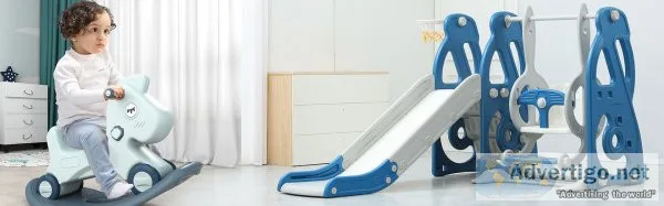Playpen, slide, drawing board, toys and books storage shelf manu
