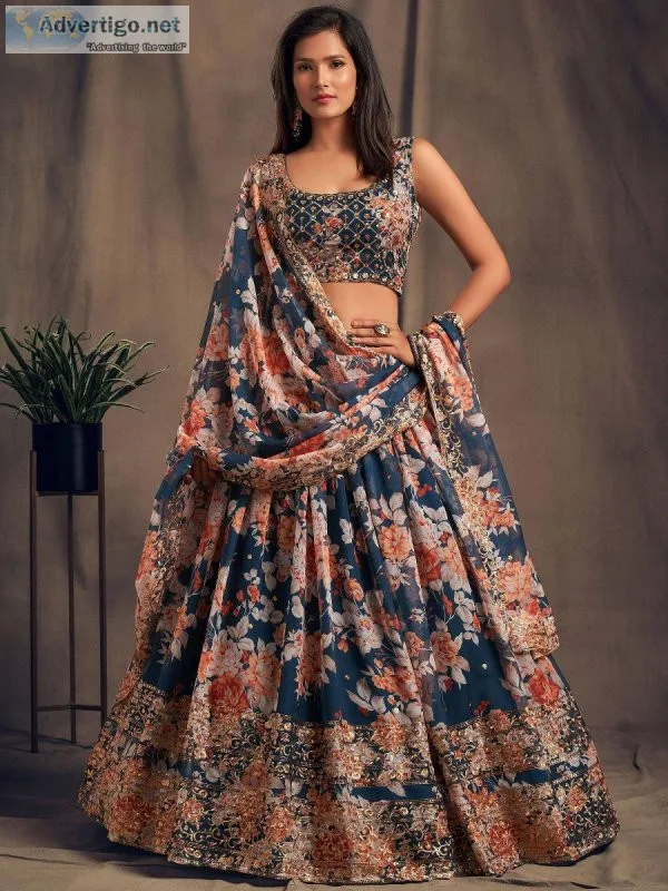 Dove Blue Floral Embroidered Organza Wedding Wear Lehenga Choli