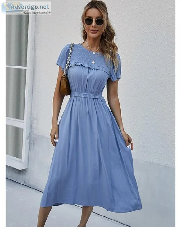 ATUENDO Summer Fashion Solid Blue Long Dress for Women Wedding G