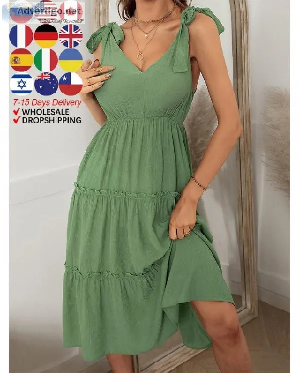 ATUENDO Summer Fashion Green Dress for Women Vintage Solid Satin