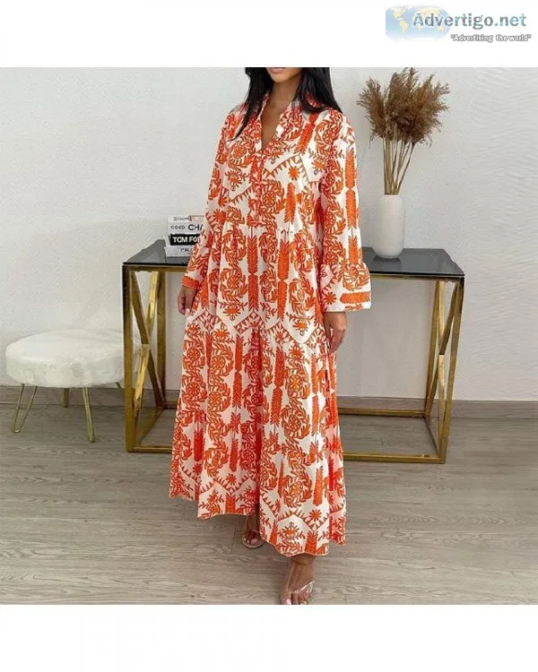 Autumn Elegant Casual Art Retro Print Long Sleeve V Neck Women M