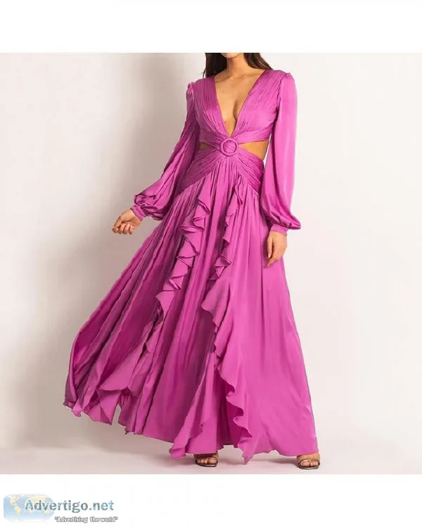 High Waist V-neck Pleated Solid Color Ruffled Dresses For Women