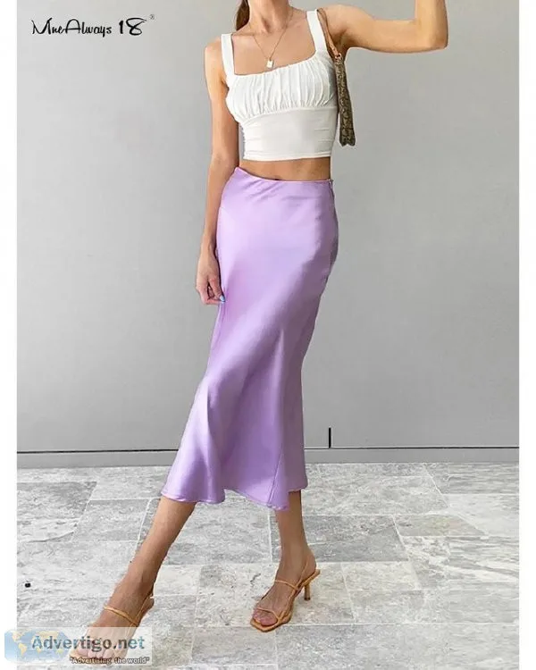High Waisted Summer Long Skirt Solid Purple Satin Silk Skirt for