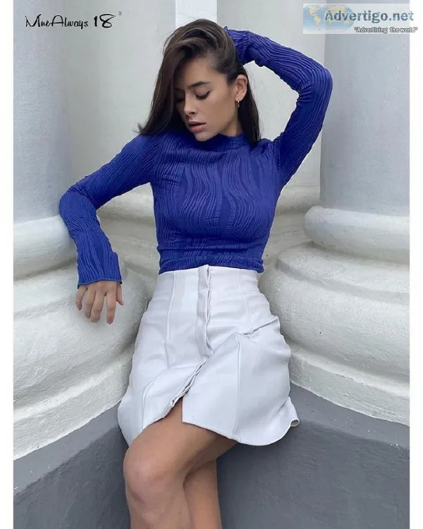 Women Blue Turtleneck Tops Winter Inside Casual Bodycon Folds Ch