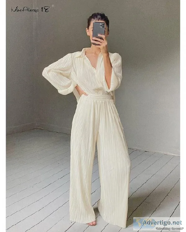 Beige Pleated Wide Leg Womens Pants Casual Loose Trousers Office