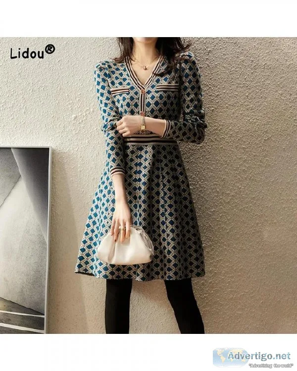 Elegant Geometric Slender Vintage Spring Autumn V-neck Button Sl