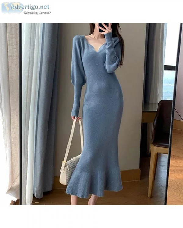 Women Vintage V-neck Knitted Warm Winter Elegant Mermaid Sweater