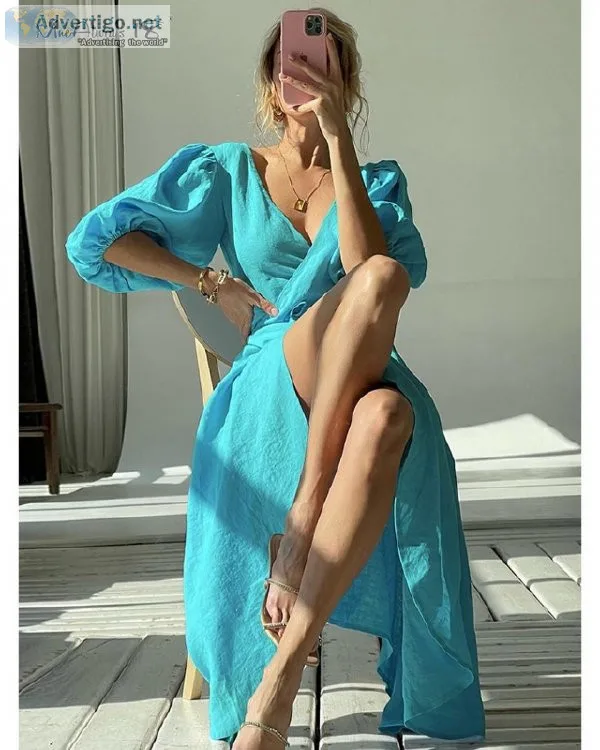 Wrape Robe Cotton Vacation V-Neck Puff Sleeve Split Midi Dress