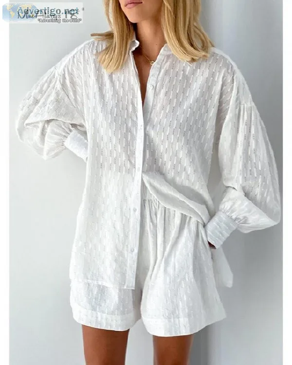 White Elegant Jacquard Fabric Soft Vacation Suits Women Long Sle
