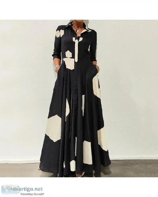 Women Casual Long Sleeve Geometric Print Lapel Nipped Waist Maxi