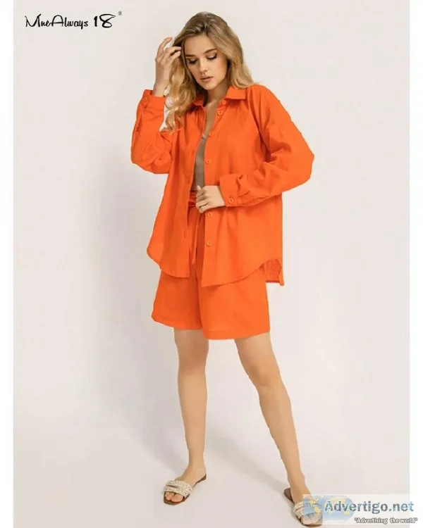 Drawstring Women Linen Shorts 2 Piece Set Casual Oversize Shirts