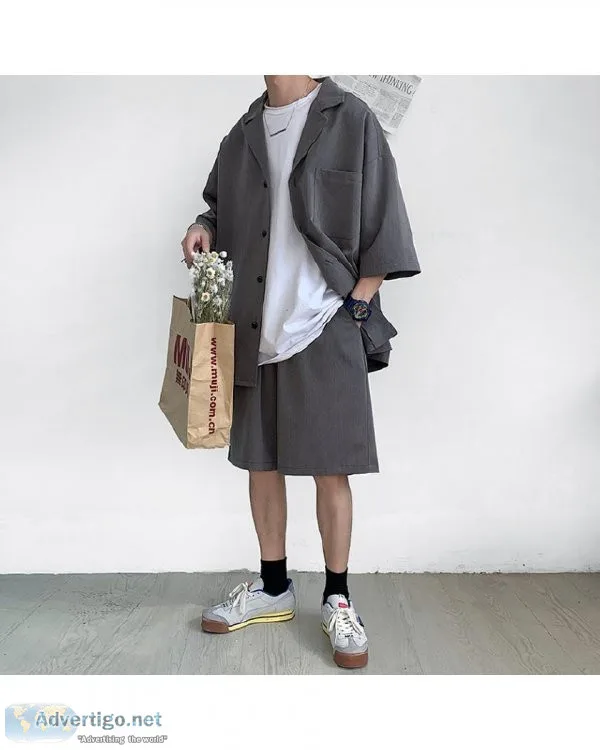 Korean Style Men Set Suit Jacket and Shorts Solid Thin Short Sle