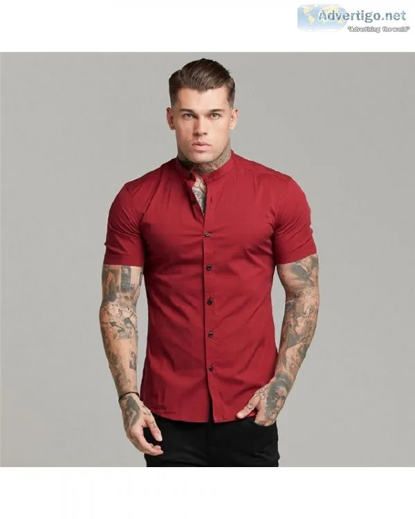 Summer Man Short Sleeve Shirt Solid Fitness Mens Stand Collar Su