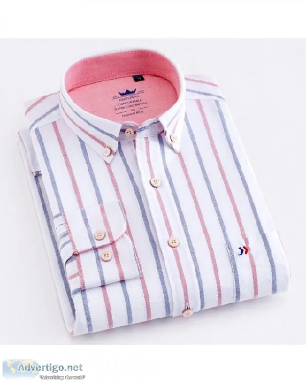 Men s Casual 100% Cotton Oxford Striped Shirt Single Patch Pocke