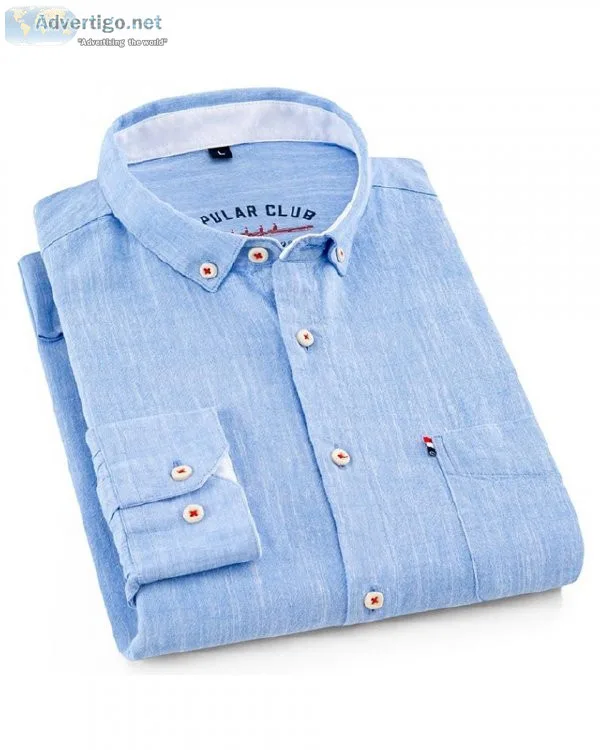 Men s Standard-fit Long-Sleeve Linen Cotton Single Patch Pocket 