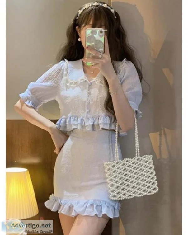 Female Summer Chiffon Pearls Sweet Two Piece Set Korean Lace Ruf