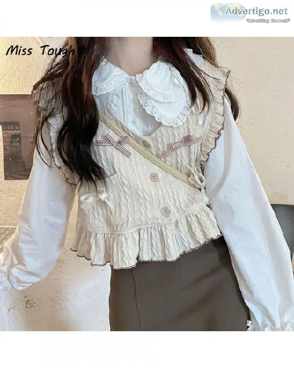 Autum Kawaii Knitted Vest Women Japanese Style Sweater