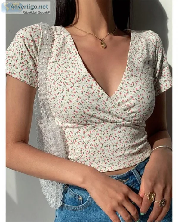 Summer Frence retro floral V-neck short-sleeved womens top