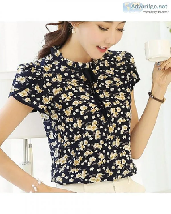 Summer Floral Print Chiffon Blouse Ruffled Collar Bow Neck Shirt