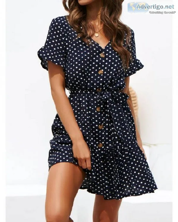 Summer Chiffon Polka Dot Boho Beach Short Sleeve Dress