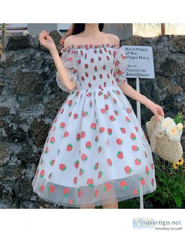 French Style Lace Chiffon Sweet Strawberry Casual Puff Sleeve El