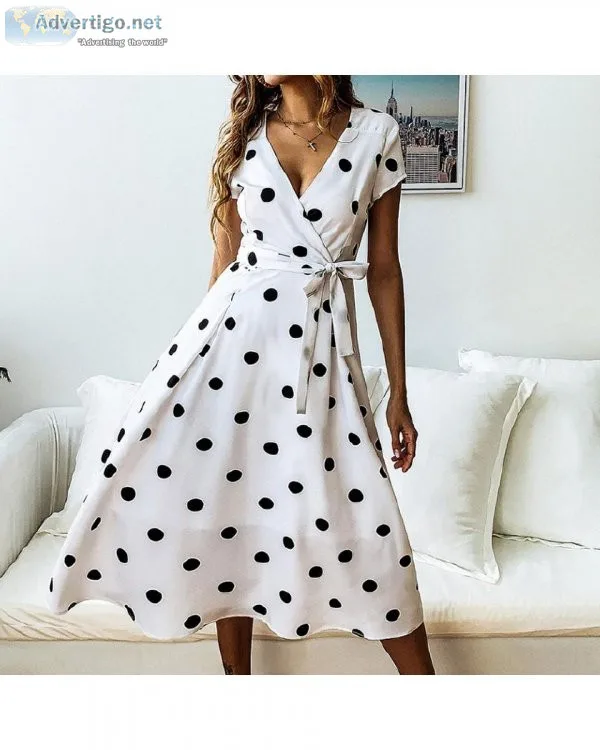 Women Vintage Casual Polka Dot Print V-neck Short Sleeve Party D